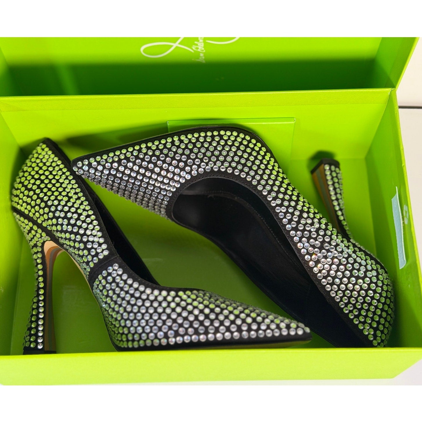 Jessica Simpson Antonia black crystal pumps for women, US 7.5M, pointed toe with rhinestone detailing, stylish and elegant footwear