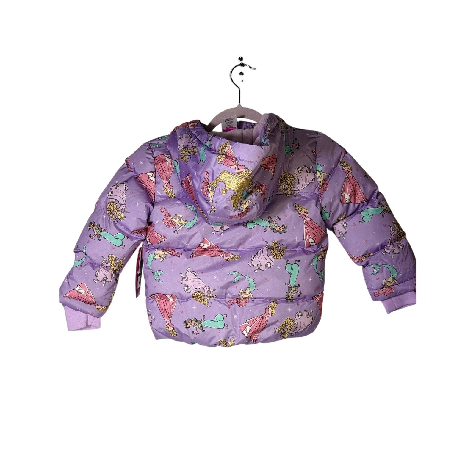 Disney Princess girls' purple hooded puffer jacket, size 5T, featuring a cozy, insulated design with princess-themed details.