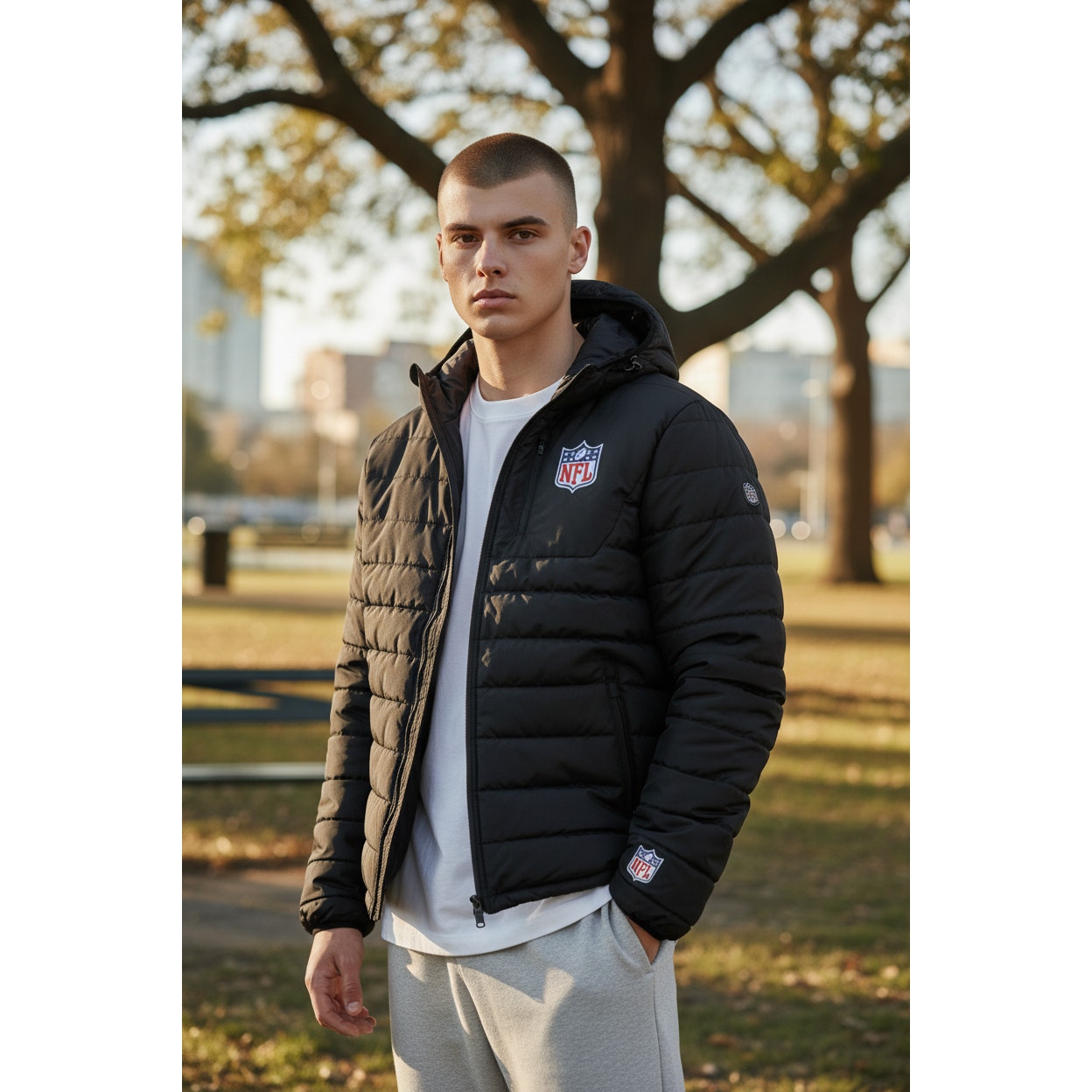 NFL Shield black puffer jacket for men, small size, full zip hooded design with retro logo on the front.