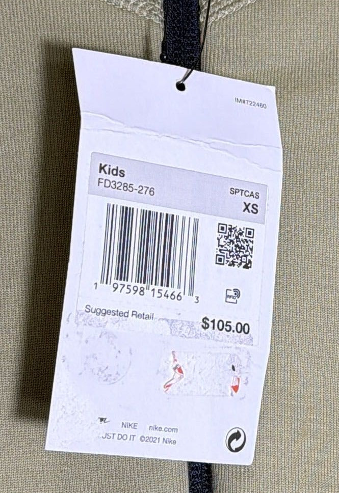 Nike Kids Tech Fleece Full Zip Hoodie in neutral olive, size XS, showing front view with Nike logo and zip closure.