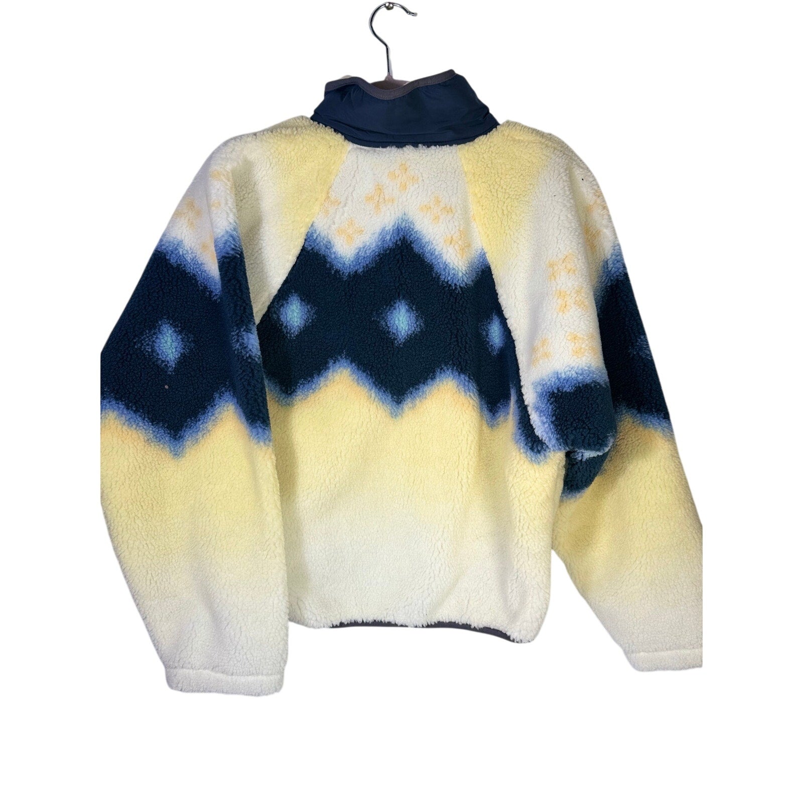 Free People women's Soft Glow Sun combo fleece jacket in yellow and blue, size S, shown flat with zipper and color-block design.
