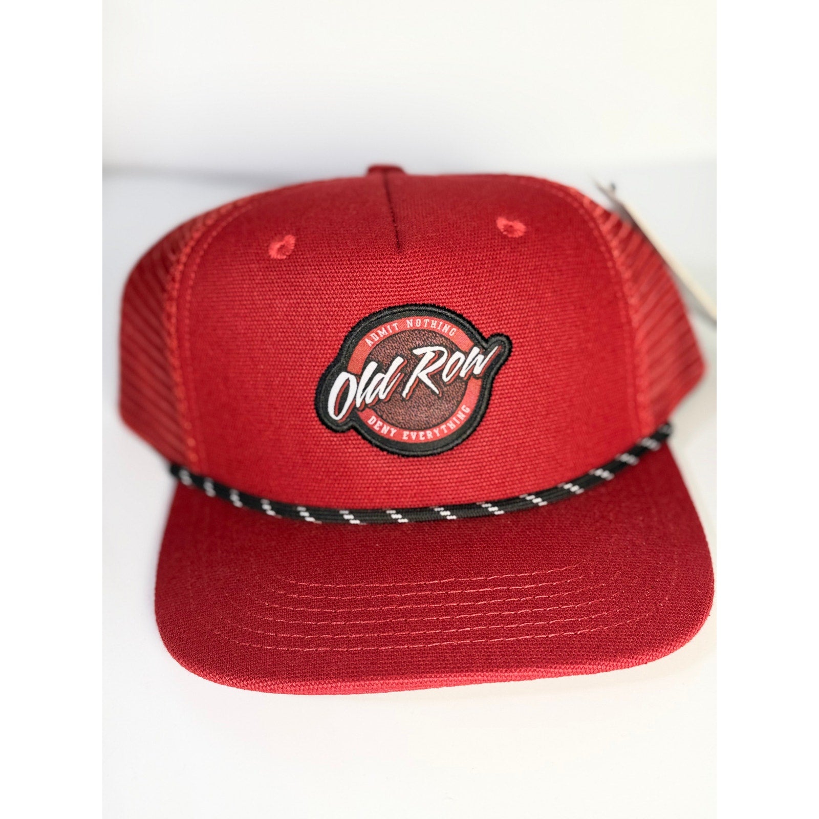 Old Row logo rope trucker hat in red with snapback closure, adult one size, featuring classic baseball cap style.