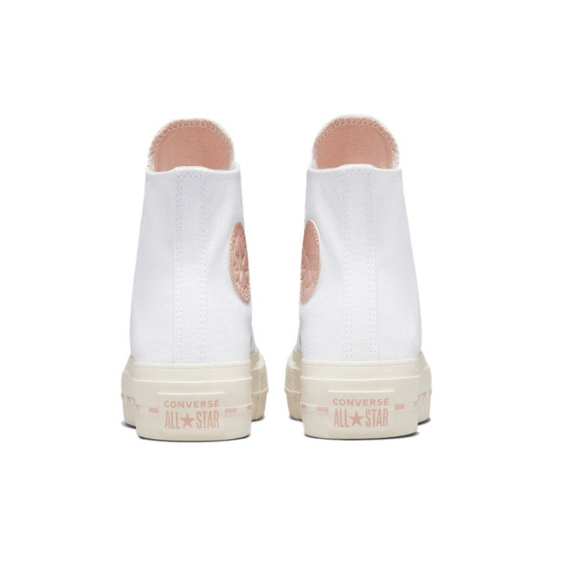 Converse Chuck Taylor All Star Lift High sneakers in white and pink clay for women, size 7.5, with high platform design.