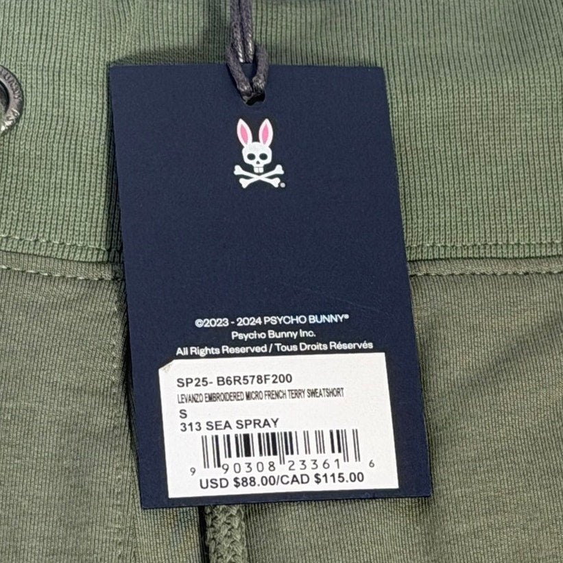 Psycho Bunny men's green Levanto French Terry shorts with embroidered logo, size small, new with tags.