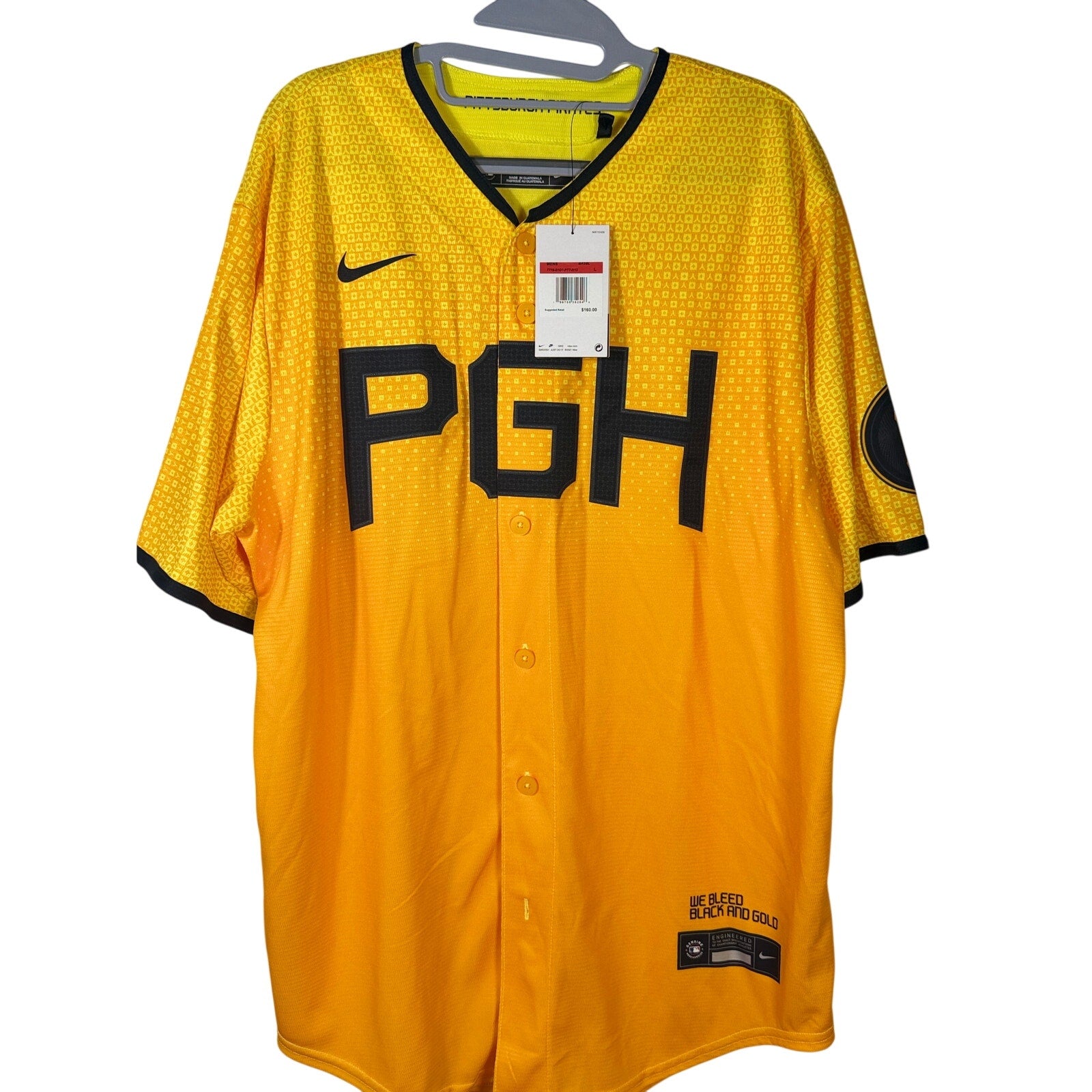 Nike Pittsburgh Pirates Ke'Bryan Hayes #13 City Connect jersey for men, size large, with team and player details visible.