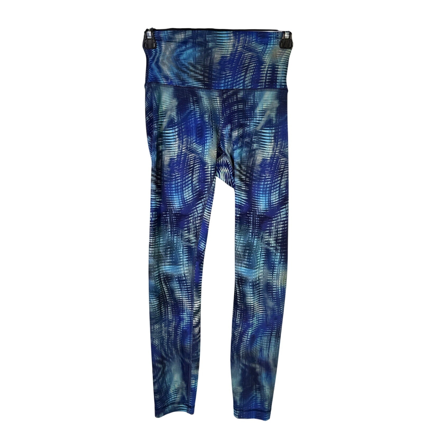 Lululemon women's high-rise full-length leggings in blue abstract print, size 4, with a snug fit and comfortable waistband.