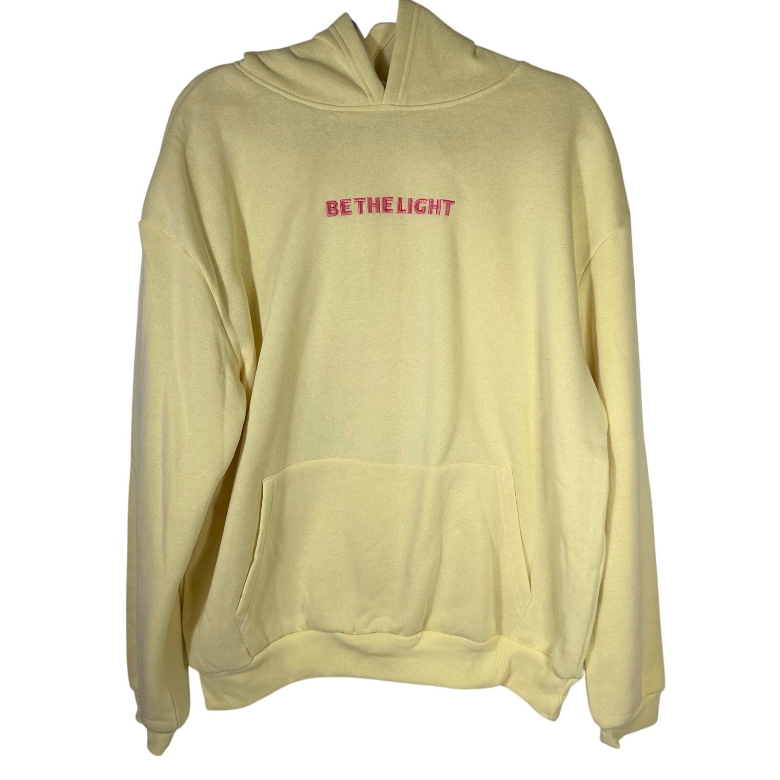 Faded Rose Be The Light Matthew 5:16 yellow Christian hoodie, size large, with printed biblical verse and comfortable hoodie design.