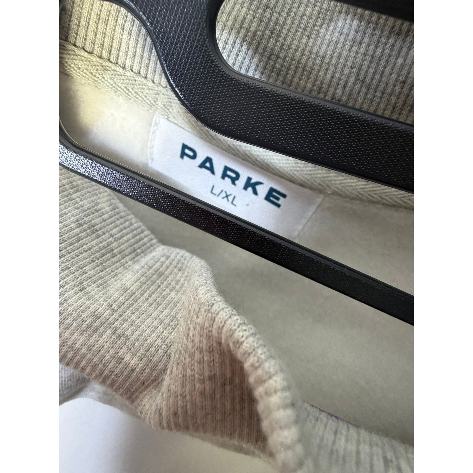 Gray PARKE women's oversized mock neck sweatshirt with fleece material and embroidered logo, L/XL size.