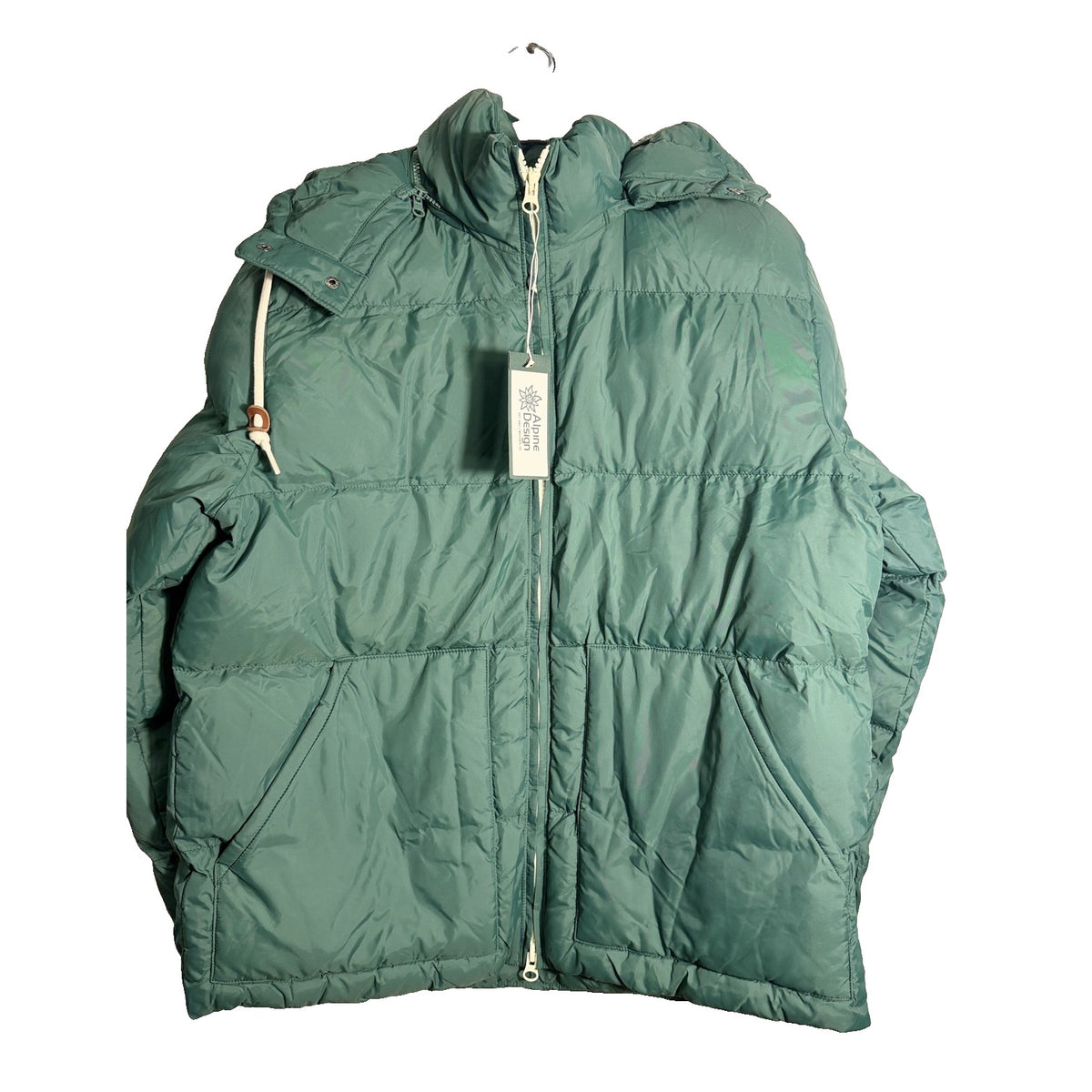 Alpine Design men's green hooded puffer jacket, size M, showing the padded, insulated exterior and adjustable hood.