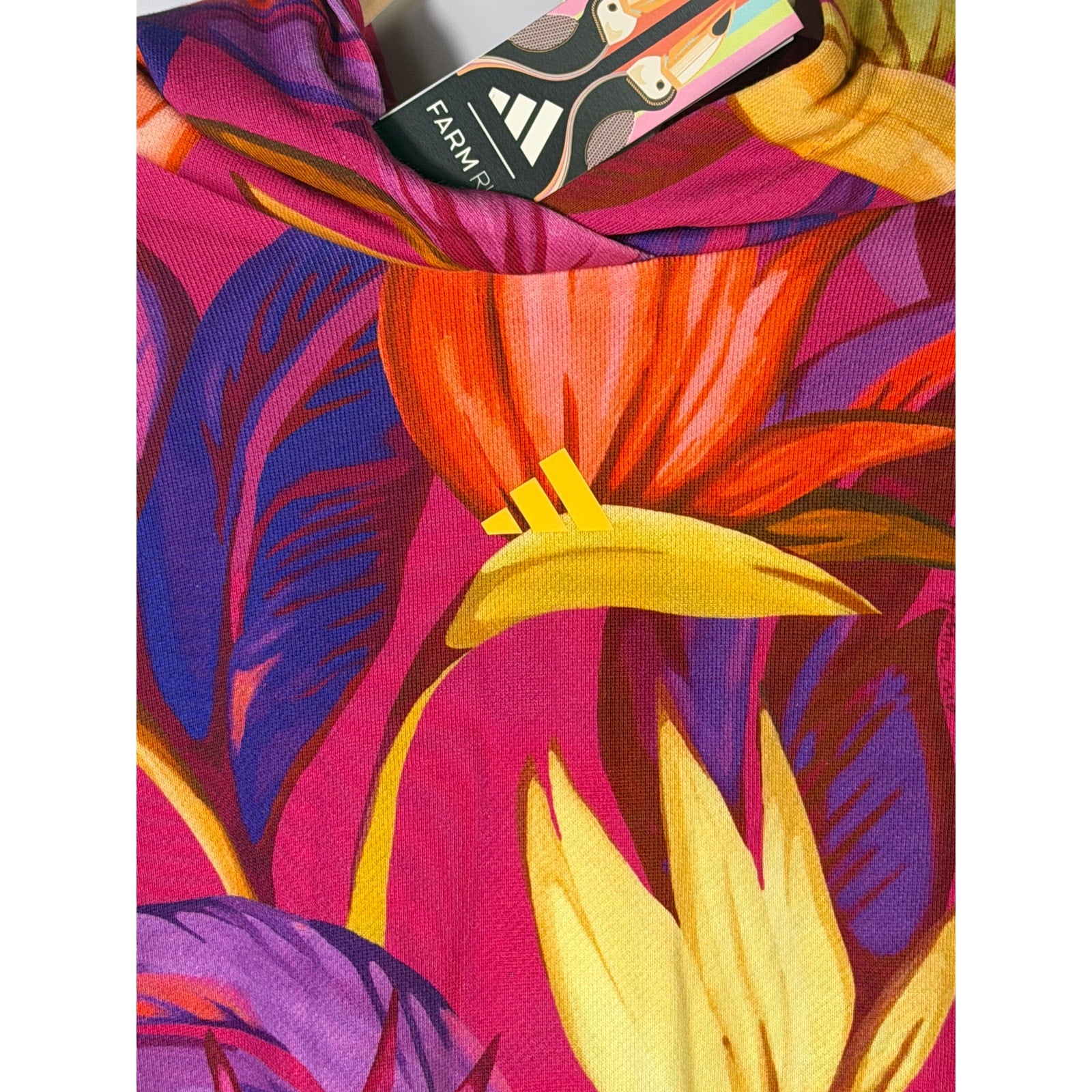 adidas x FARM Rio women's tropical floral cropped hoodie in pink and multicolor, size XL, with vibrant floral print and casual fit