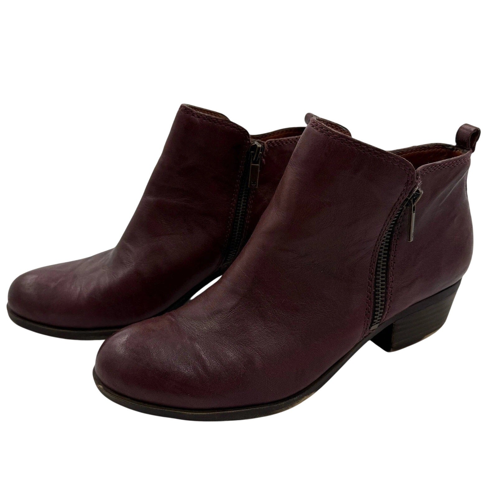 Lucky Brand Basel Burgundy Leather Ankle Booties Side Zip Stacked Heel | Size 9