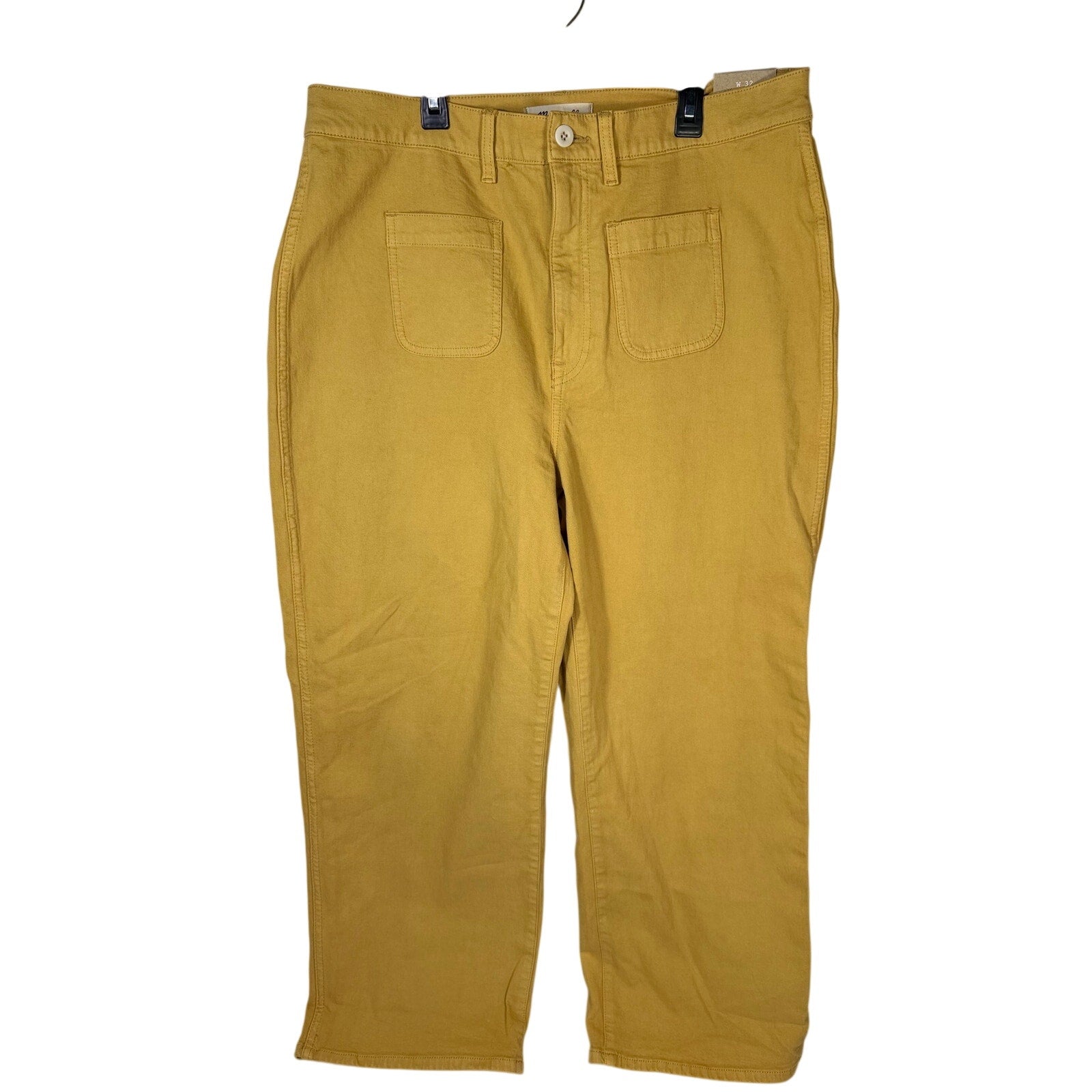 Madewell The Perfect Vintage wide-leg crop pants in mustard yellow, size 32, displayed on a hanger with a casual background.