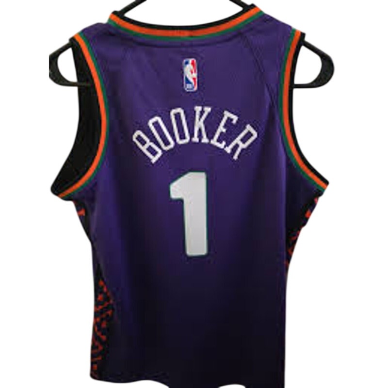 Nike Phoenix Suns Devin Booker #1 youth purple jersey, size L 14/16, featuring Suns branding and player number.
