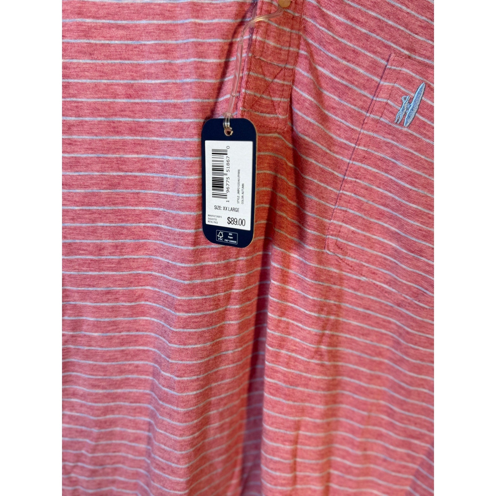 Johnnie-O men's pink and white striped polo shirt with pocket, XXL, new with tags, casual men's fashion.