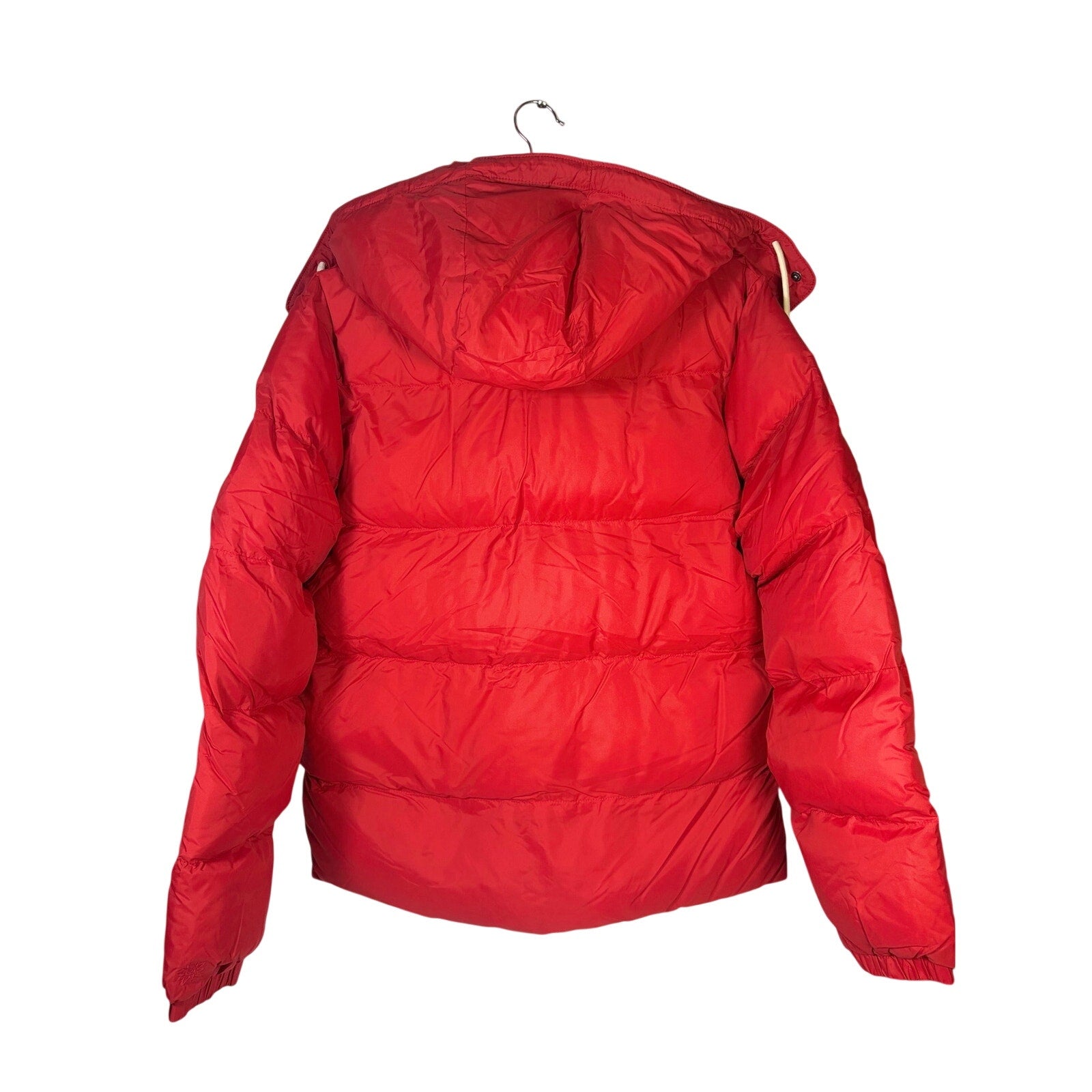 Red Alpine Design men's HyperDRY puffer jacket in size small, hooded and insulated, displayed on a hanger.