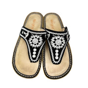 Black Alegria Vanessa thong sandals with Mandala design for women, showcasing the comfortable, used-condition footwear.