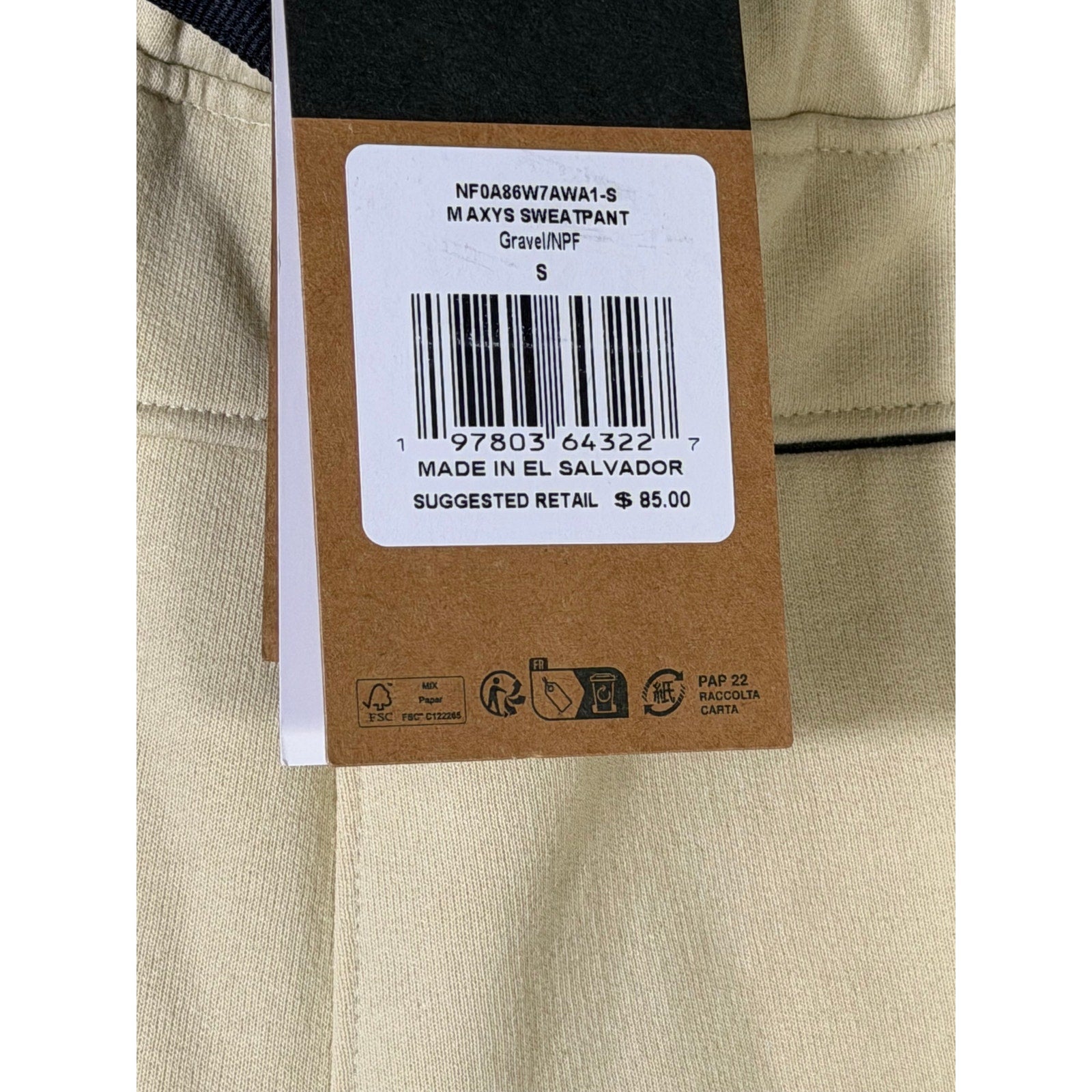 The North Face men's AXYS sweatpants in gravel beige, size S, showing front view with elastic waistband and logo detail.