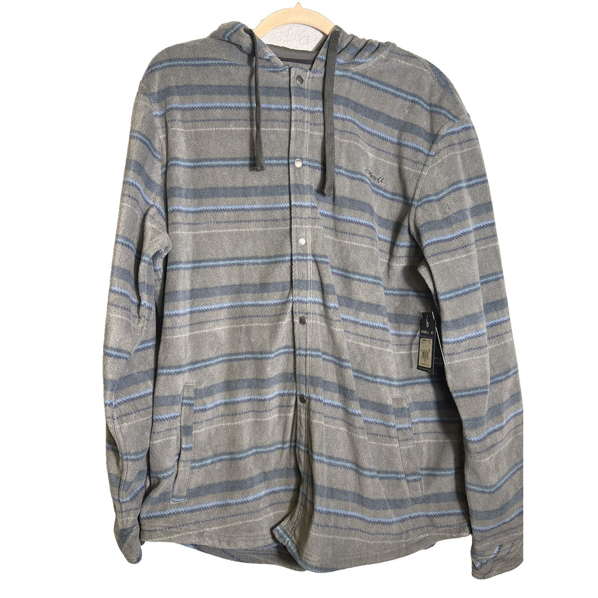 O'Neill Canyons hooded superfleece shirt jacket in gray blue stripe, men's XL, lightweight and cozy for casual wear.