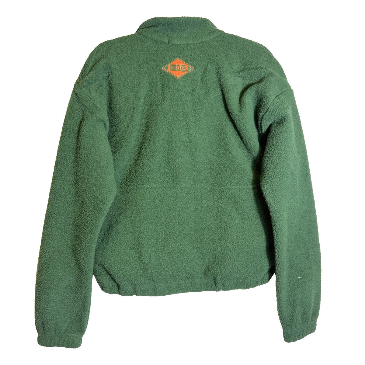 WEAR by Erin Andrews Miami Hurricanes women's green and orange fleece 1/4 zip pullover size S, front view.
