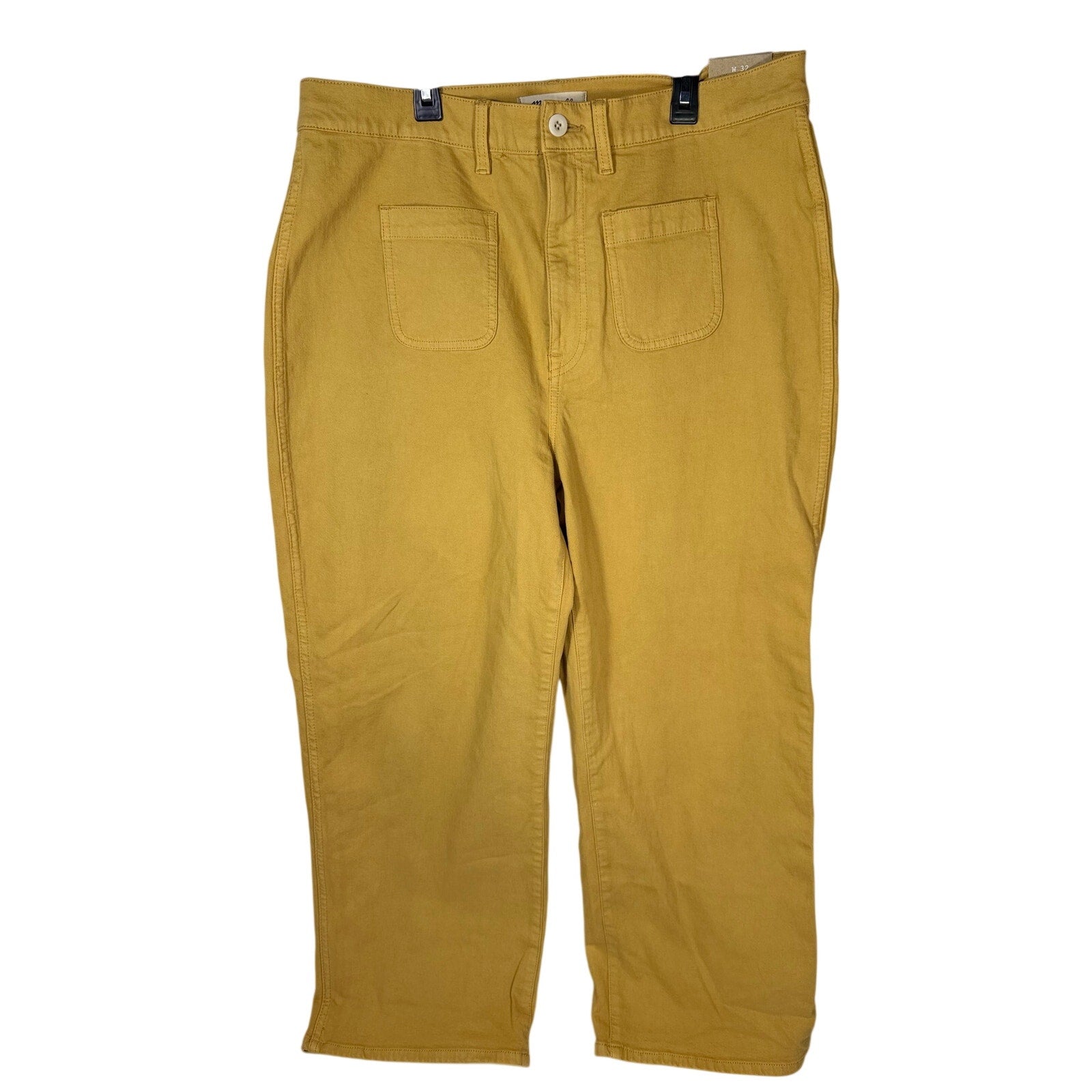 Madewell The Perfect Vintage wide-leg crop pants in mustard yellow, size 32, displayed on a hanger against a neutral background.