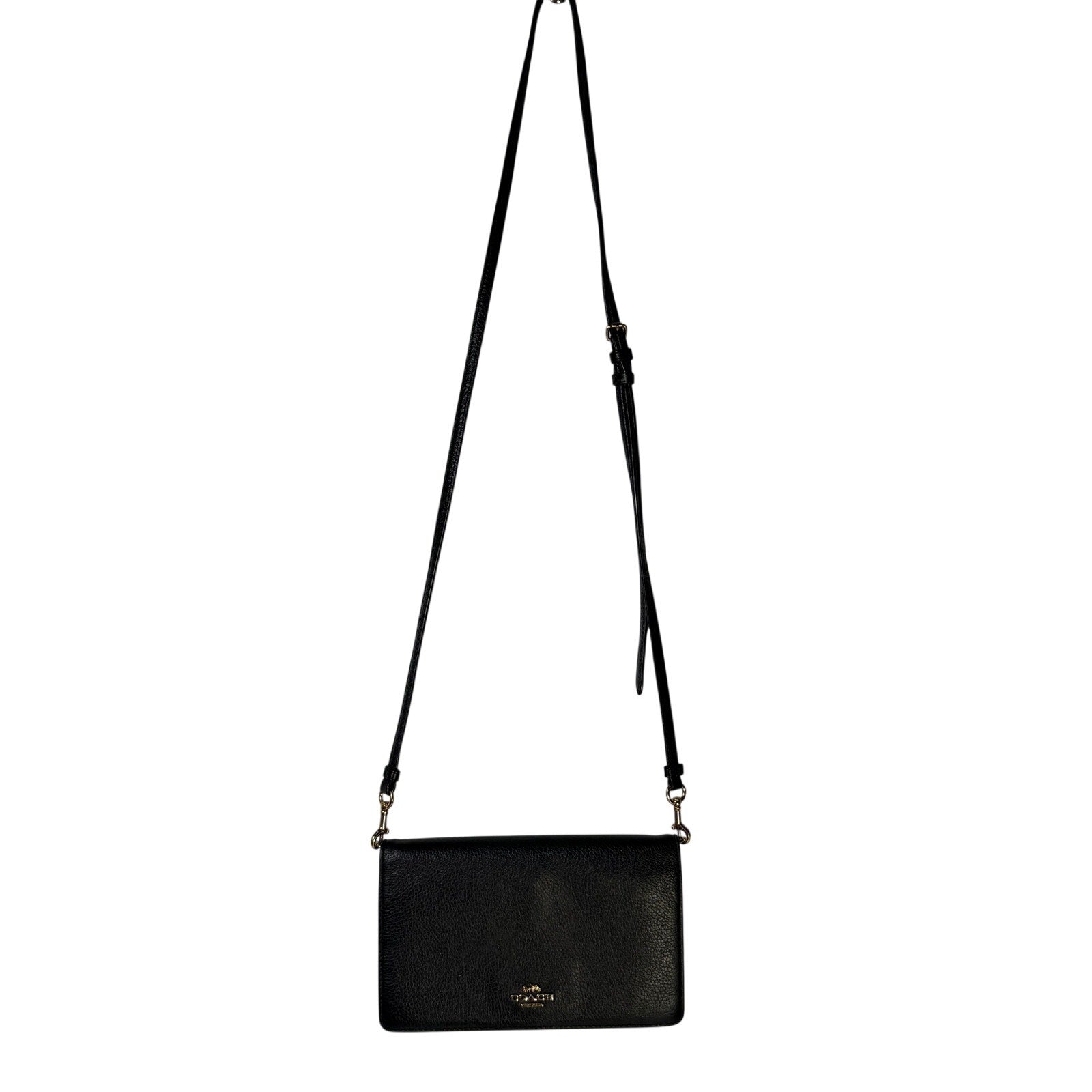 Coach women's black leather foldover crossbody wallet bag with adjustable strap, featuring sleek design and compact size.