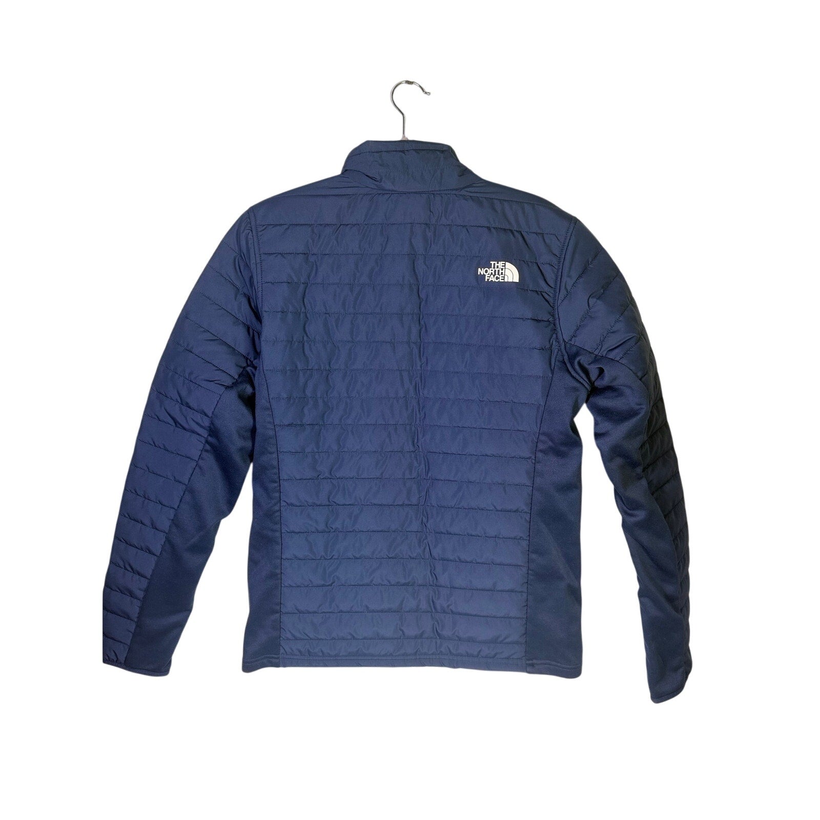 The North Face men's Canyonlands Hybrid jacket in summit navy, size small, showing front view with zip closure and hood.