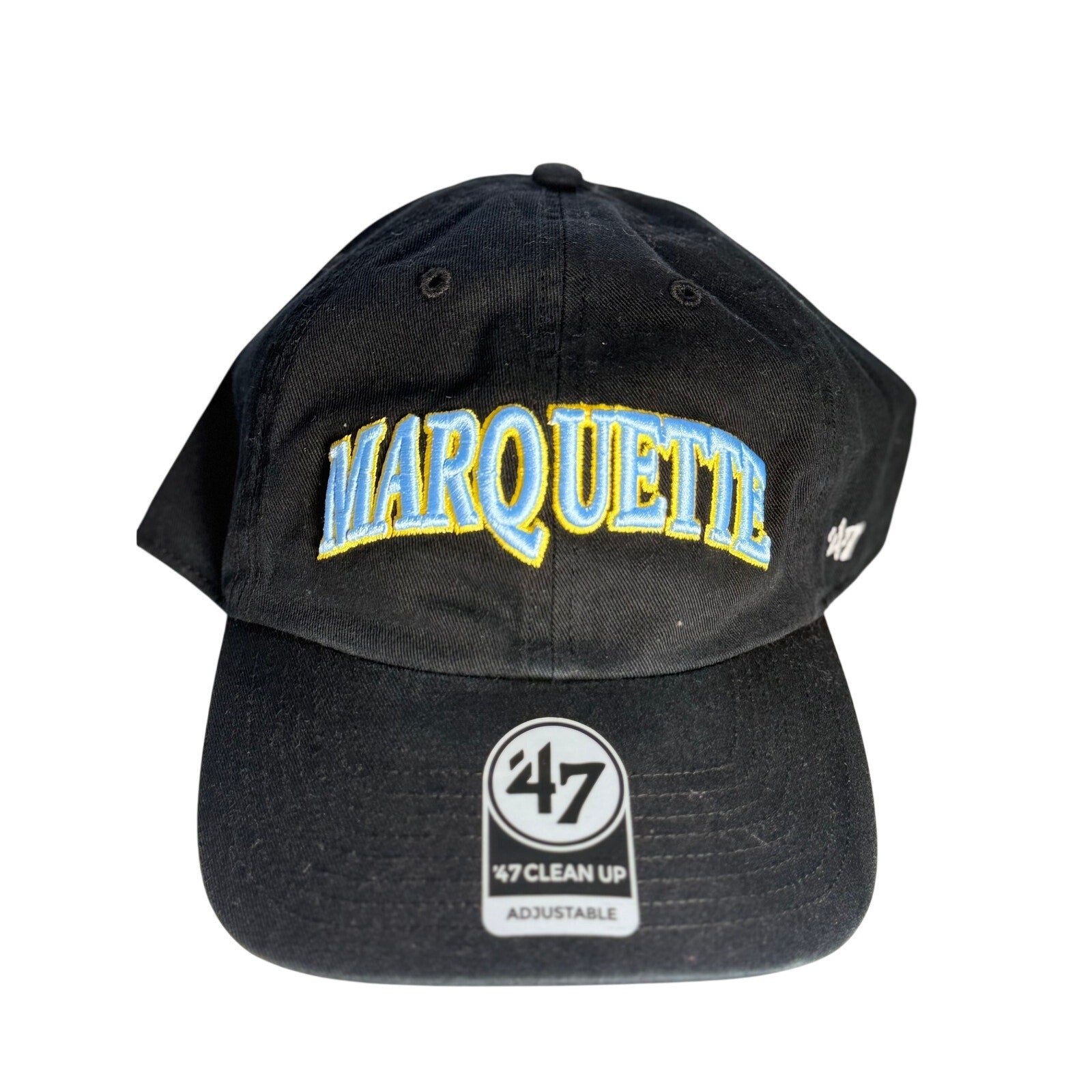 '47 Marquette Golden Eagles black adjustable hat with a curved brim and team logo embroidery, casual sportswear accessory.
