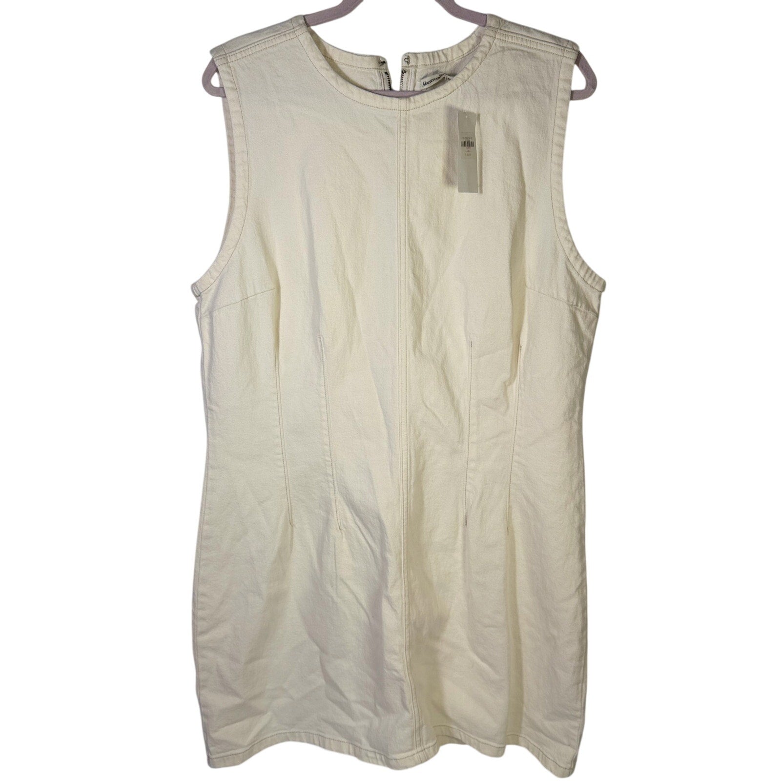 Abercrombie & Fitch cream denim mini shift dress in size XL, front view showing classic sleeveless design and clean denim fabric.