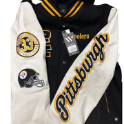 Pittsburgh Steelers varsity jacket for women by DSG, medium size, featuring team logo and varsity style details.