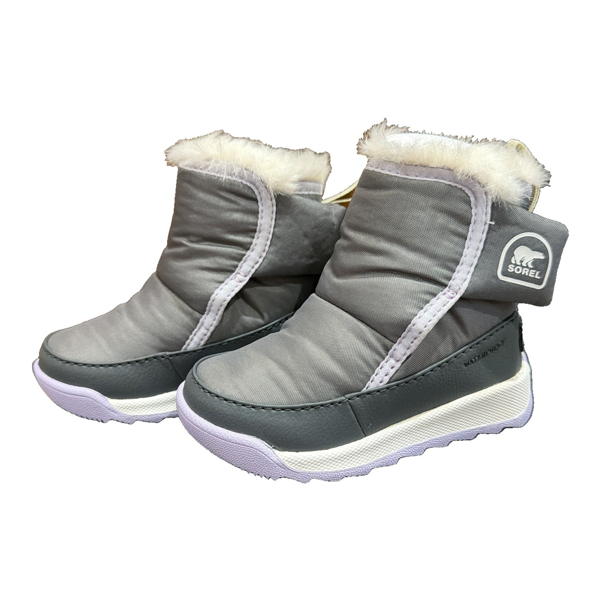 Sorel Toddler Whitney II Plus waterproof winter boots in Quarry and Lavender Cloud, size 6, showing the boot's design and color.