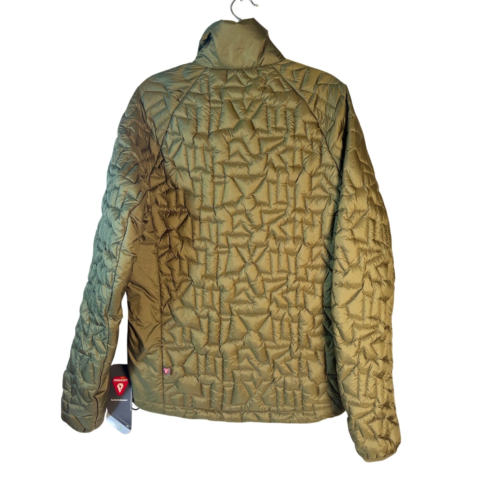 Men's Adidas Terrex insulated puffer jacket in olive green, medium size, featuring a quilted design and brand logo detail.