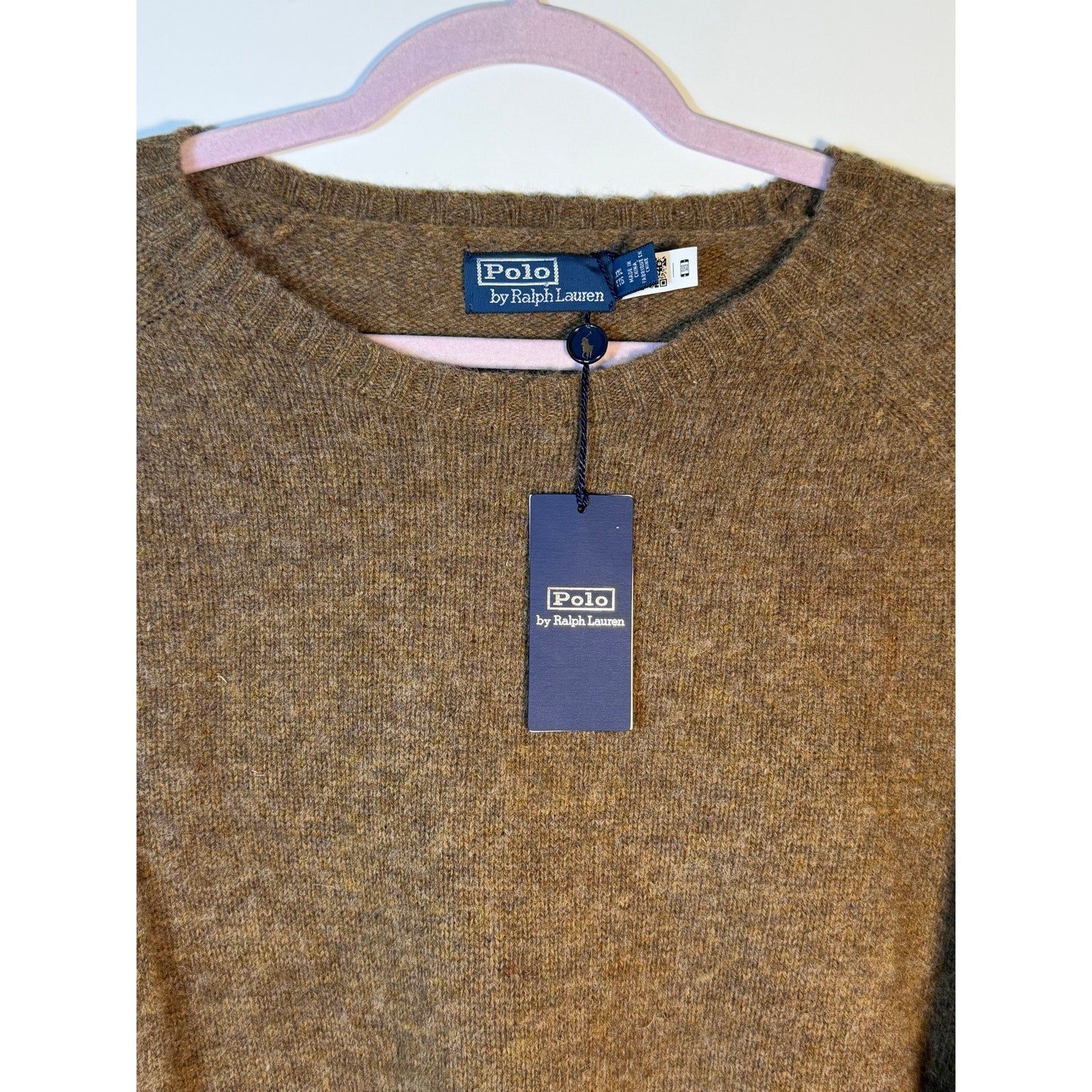 Men's Polo Ralph Lauren aviator brown crewneck wool sweater, size XXL, showing front view with classic ribbed collar and cuffs.