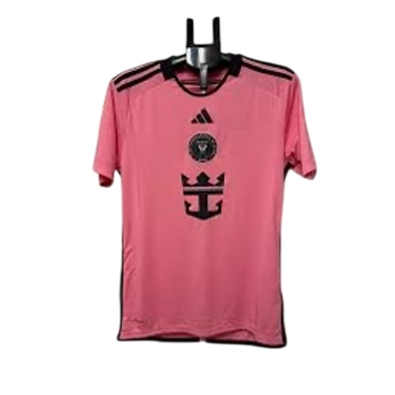 Pink Adidas Inter Miami CF Lionel Messi jersey with team logo and branding, displayed flat on a white background.