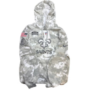 Gray Nike NFL New Orleans Saints "Salute to Service" hoodie with digital camo design and team logo, casual athletic apparel.