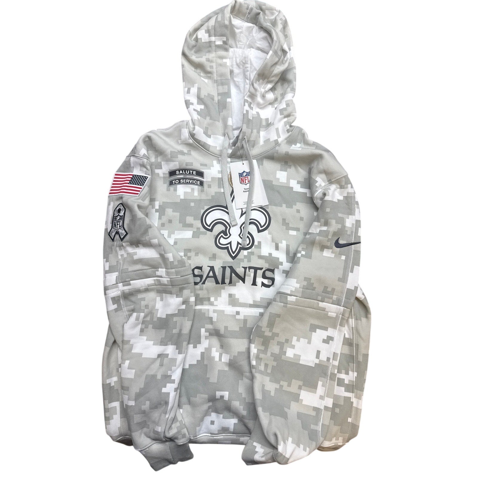 Gray Nike NFL New Orleans Saints "Salute to Service" hoodie with digital camo design and team logo, casual athletic apparel.