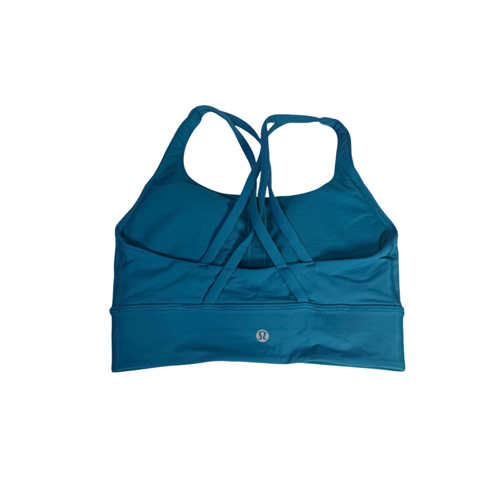 Lululemon women's teal blue strappy longline sports bra with adjustable straps and supportive fit, size 4.