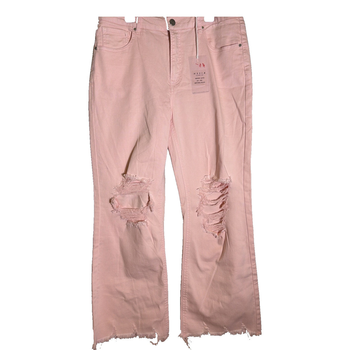 Risen women's high rise cropped flare jeans in light pink with distressed fray hem, size 11, showing front view with faded details.