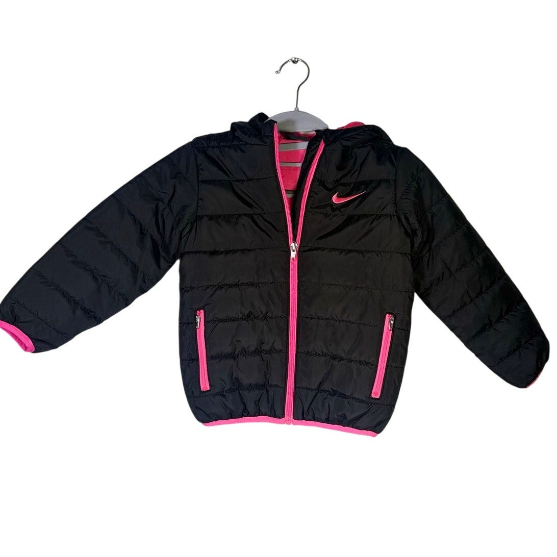 Nike toddler girls' black and pink hooded puffer jacket, size 4T, with a cozy hood and quilted design.
