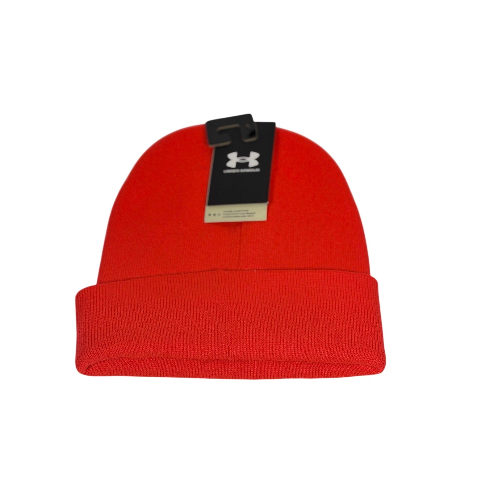 Unisex Under Armour red cuffed knit beanie hat with a snug fit, featuring a soft, warm fabric and classic style.