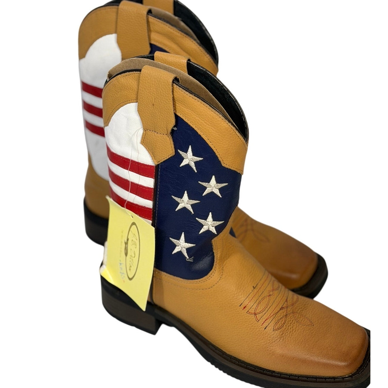 Tan leather cowboy boots by J.B. Dillon featuring patriotic American flag design for youth size 5.5 M.