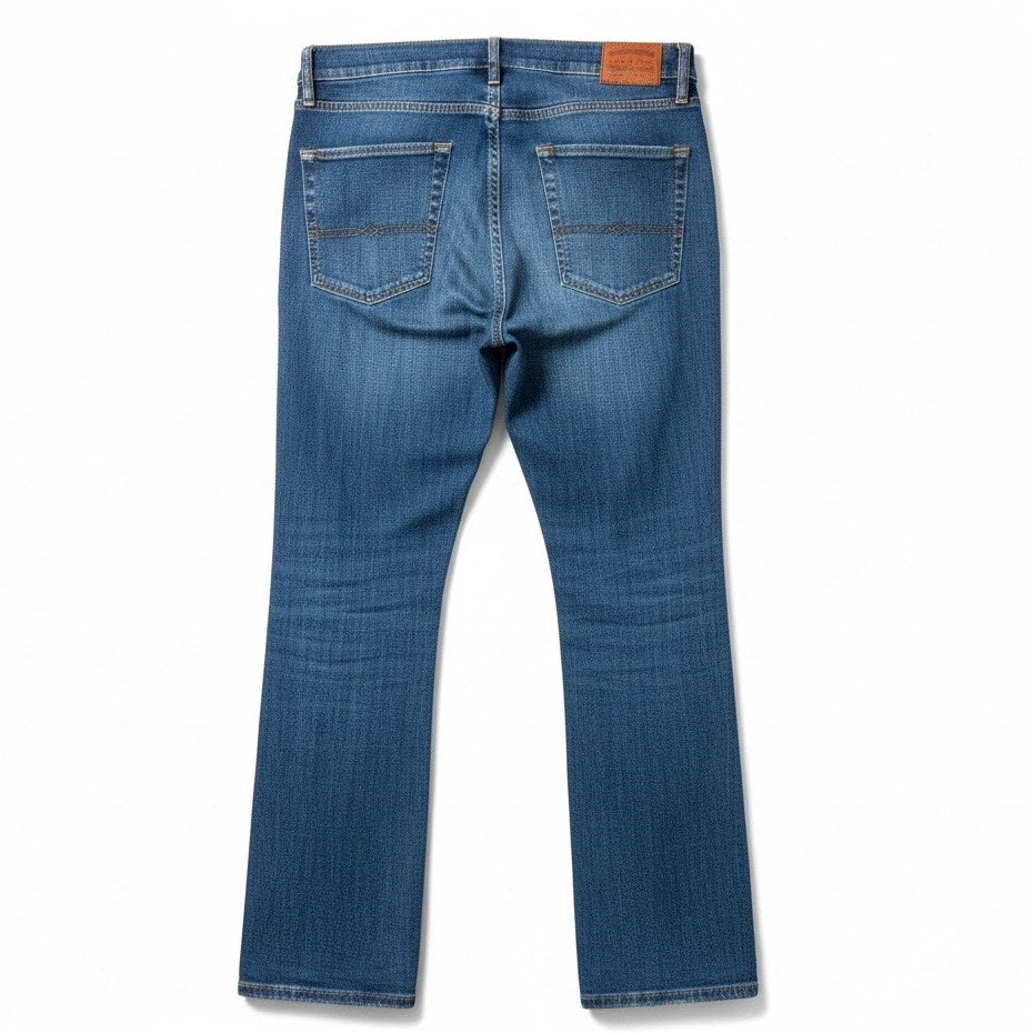 Lucky Brand men's blue denim jeans in size 36x32 with medium wash and straight leg style, displayed on a hanger.