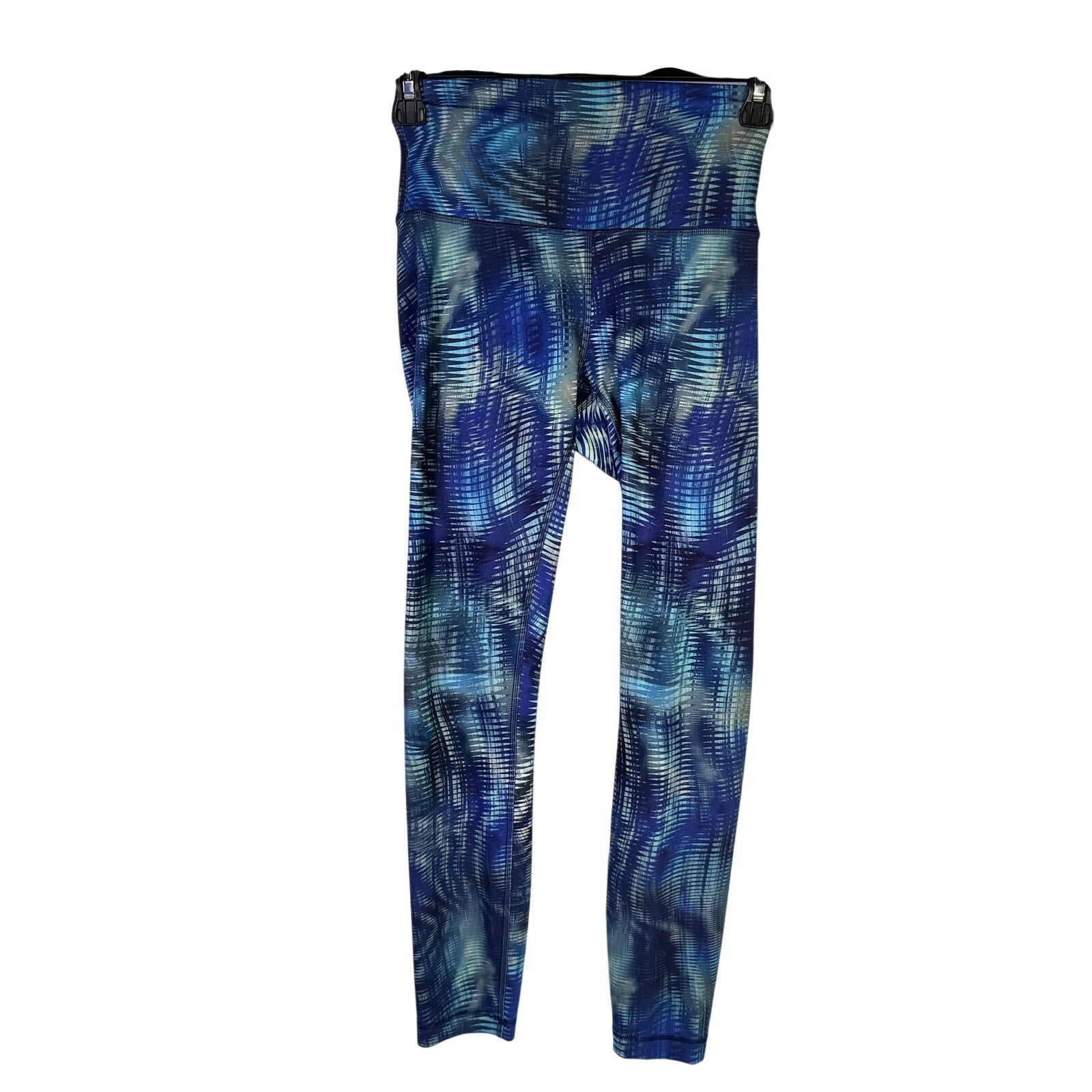 Lululemon women's high-rise full-length leggings in blue abstract print, size 4, with a snug fit and comfortable waistband.