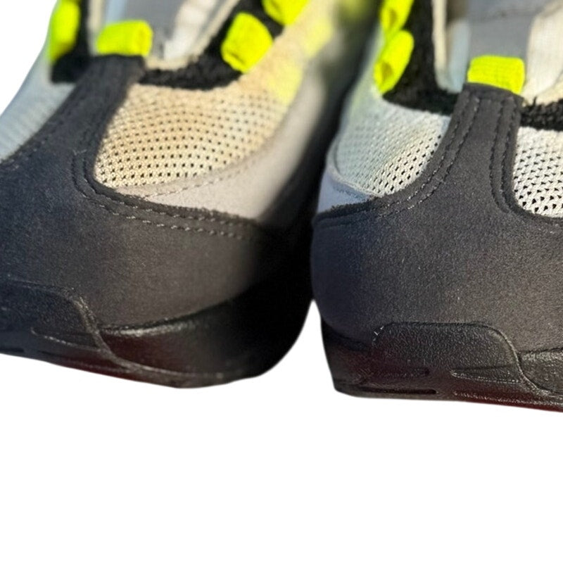 Nike Air Max 95 toddler sneakers in gray, volt, and black, featuring running shoe design for kids.