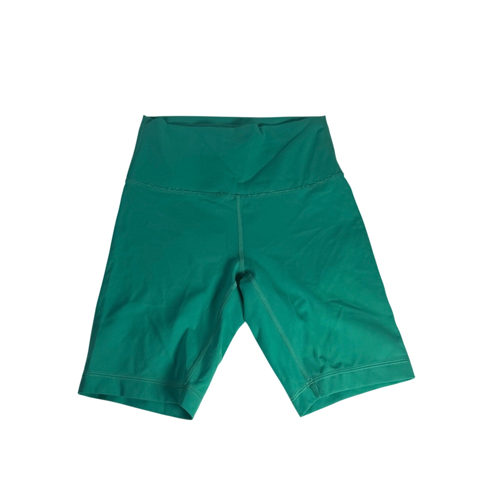 Lululemon women's high-rise teal green biker shorts size 6, made of stretchy athletic fabric, displayed on a neutral background.