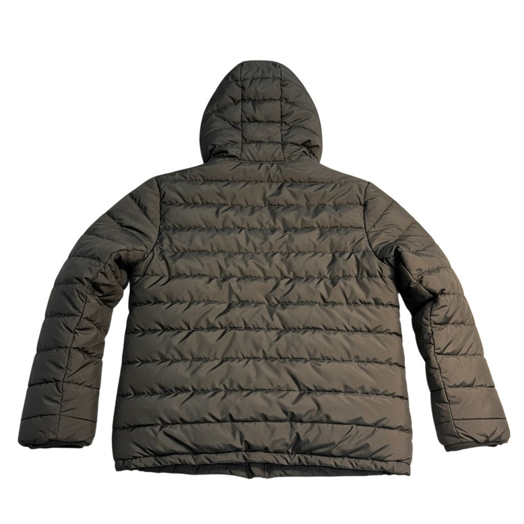 NFL Shield black men's puffer jacket with full zip, hood, and retro NFL logo, size small, insulated for cold weather.