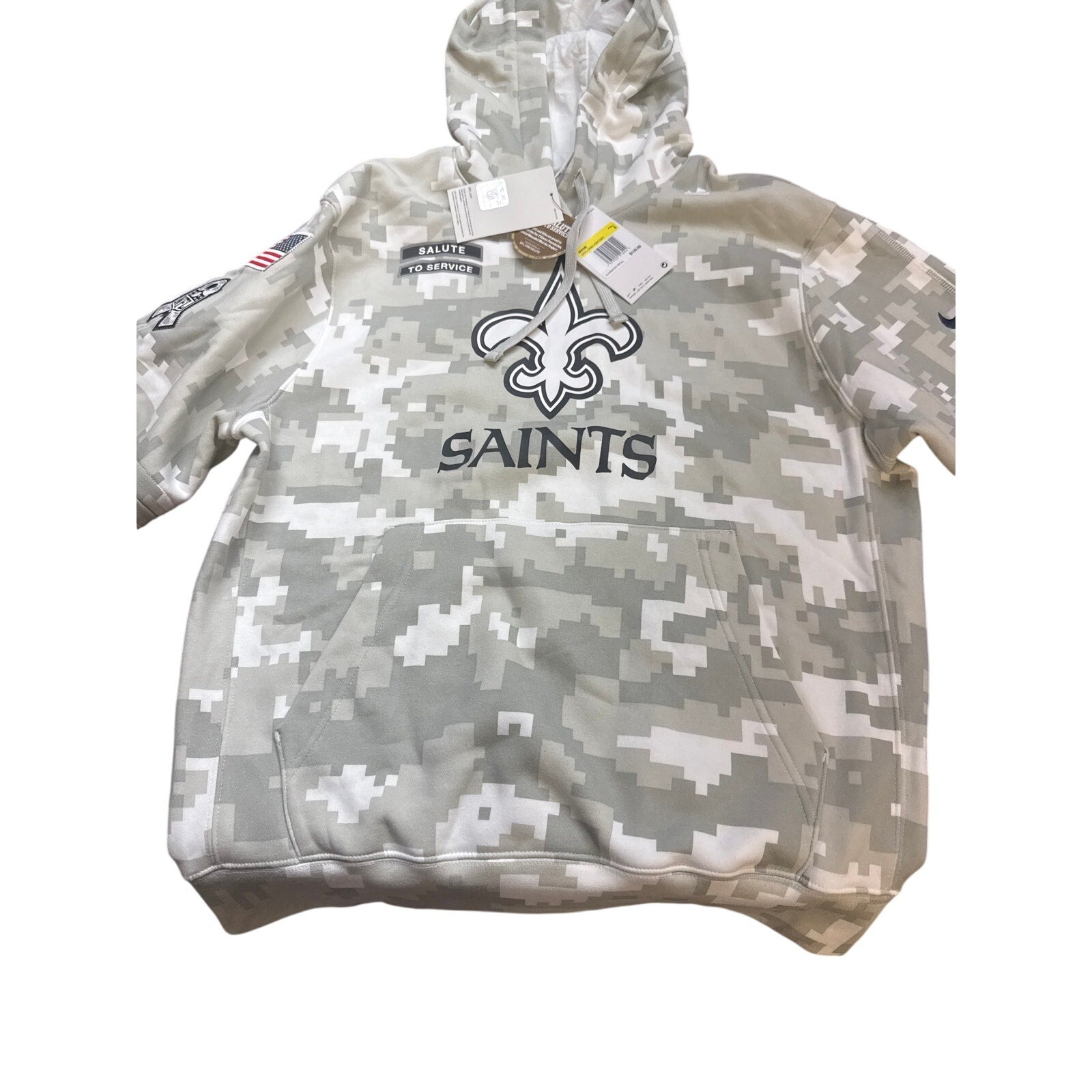 Gray Nike NFL New Orleans Saints salute to service hoodie with digital camo design and team logo, casual athletic wear.