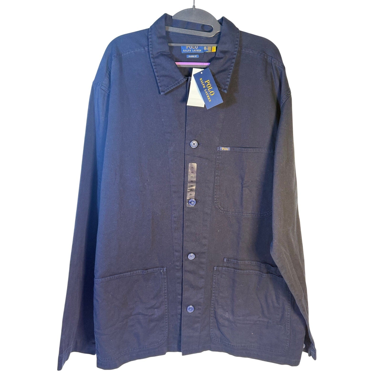 Navy Polo Ralph Lauren men's classic fit chore jacket with button front, shown in size XXL, featuring a collared design and patch pockets.
