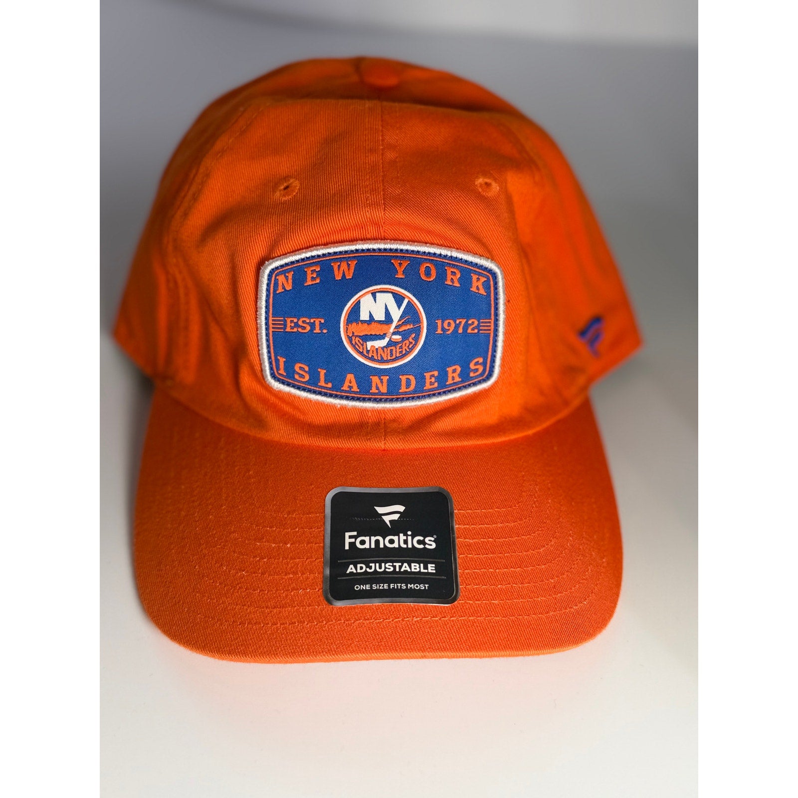 Fanatics New York Islanders orange adjustable dad cap hat, one size, featuring team logo and classic baseball style.