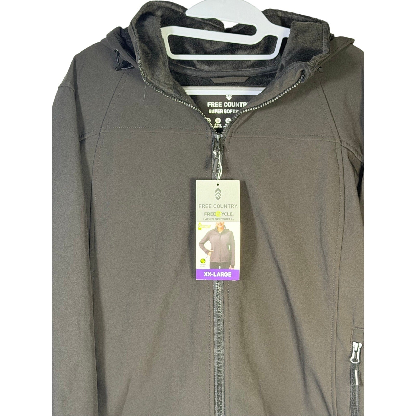 Gray fleece-lined hooded softshell jacket for women by Free Country, size 2XL, shown with front view and zip closure.
