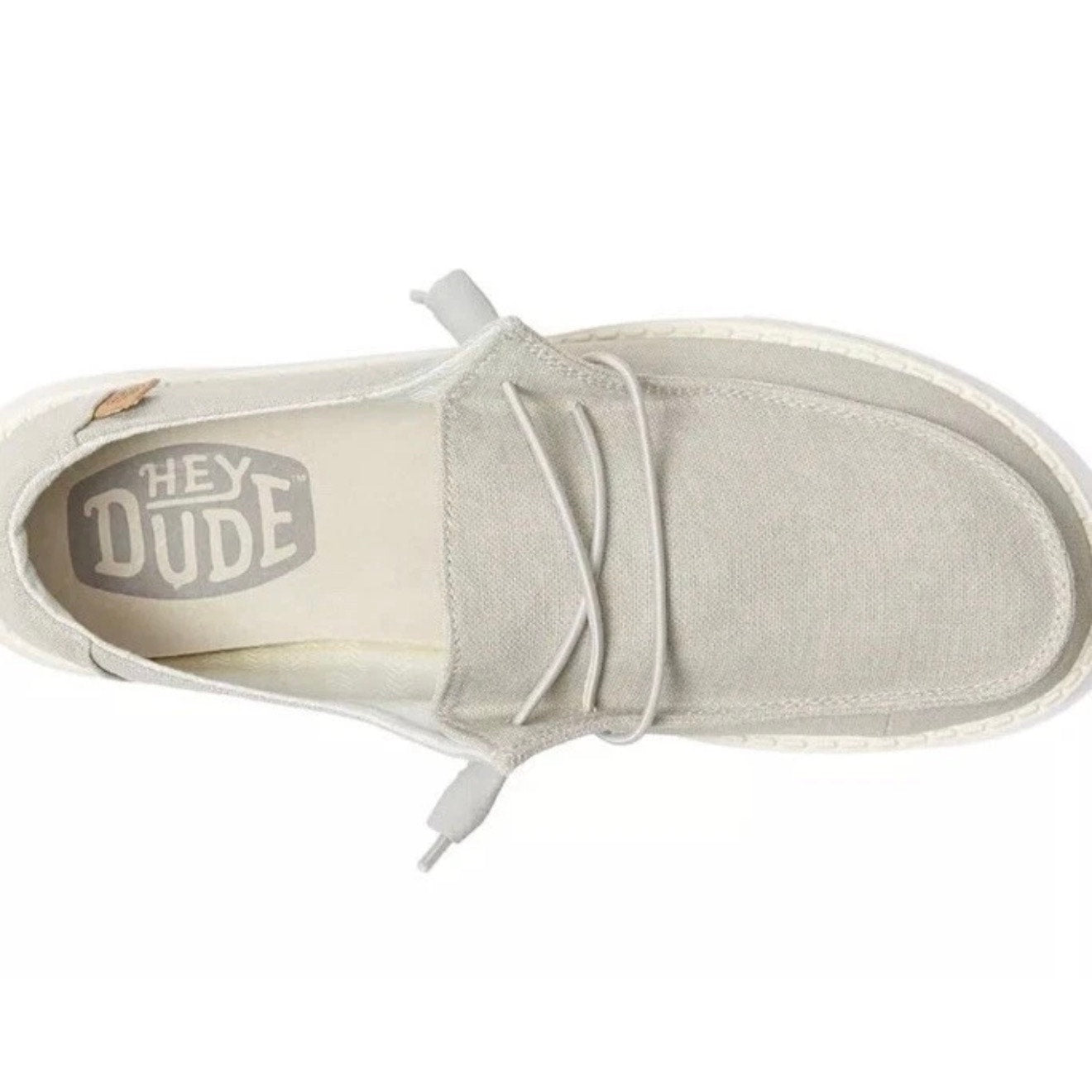Hey Dude Wendy Chambray women's light grey sneakers, size 8, casual slip-on shoes with comfortable fabric upper and rubber sole.